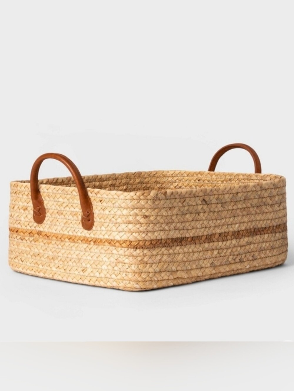 NWT! Threshold Tan and Brown Woven Basket with Faux Leather Handles